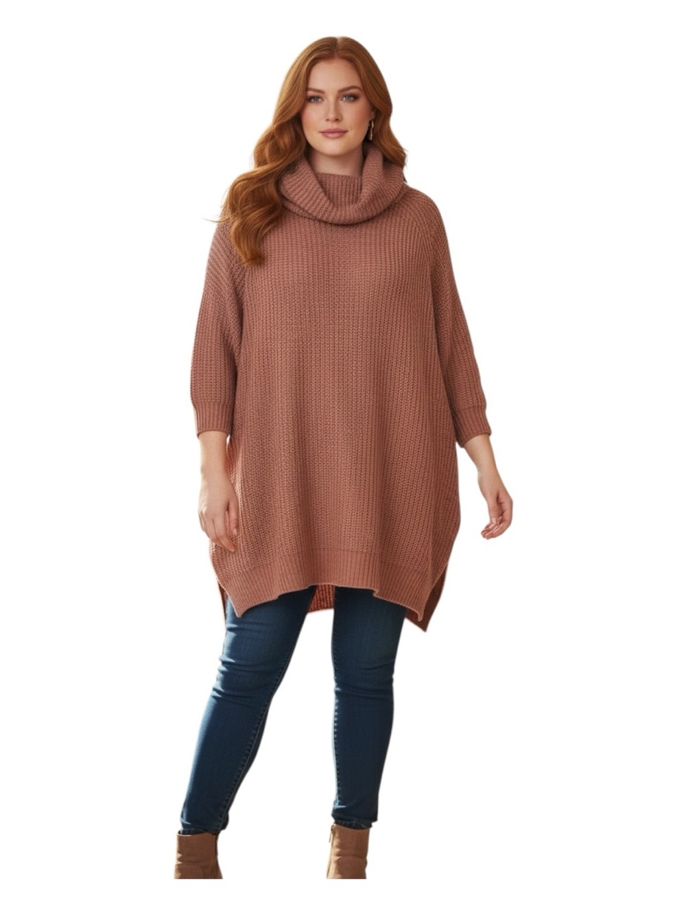 Caren Sport Plus Size 1X Dusty Rose Cowl Neck Oversized Tunic Sweater